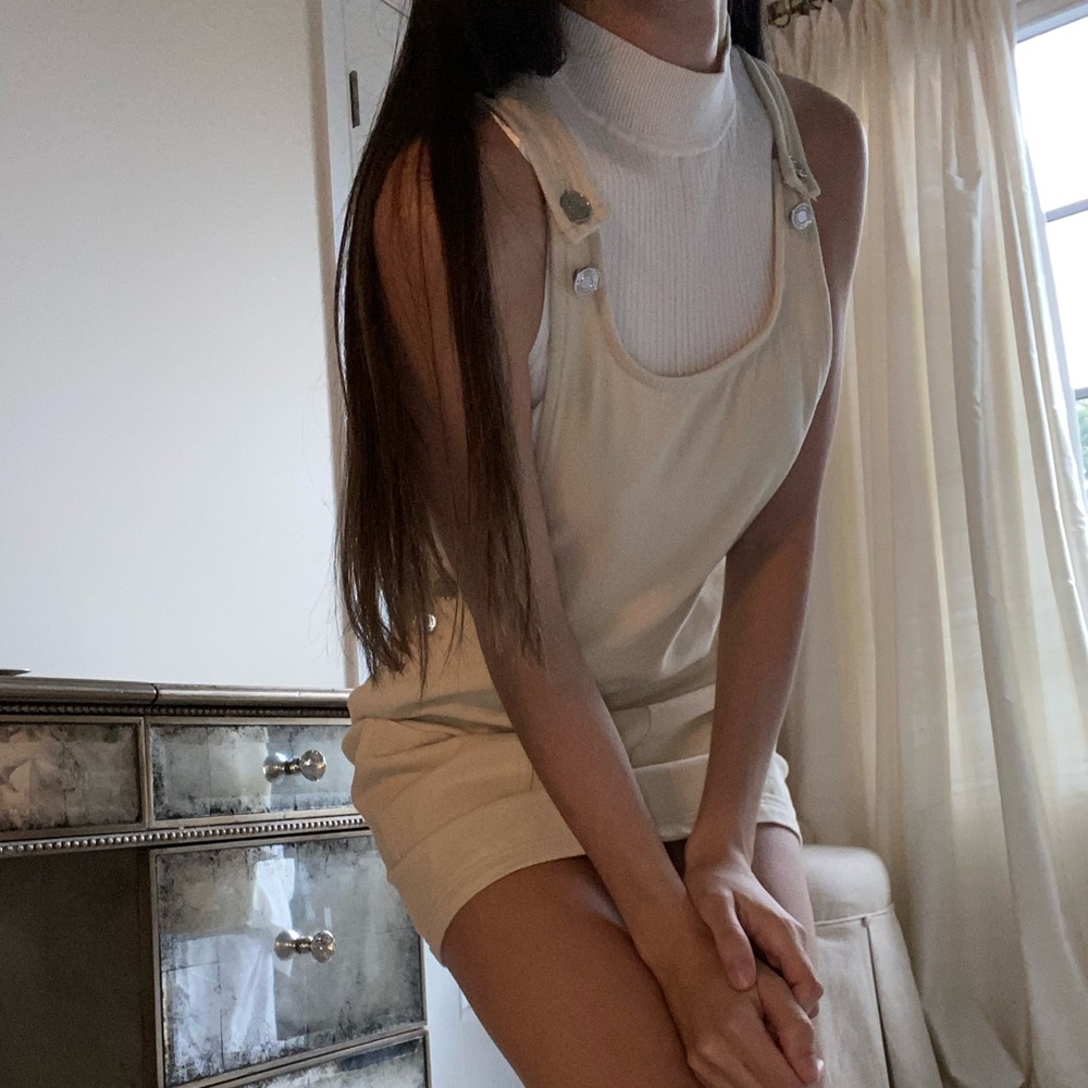 Misguided pinafore mini dress cream denim